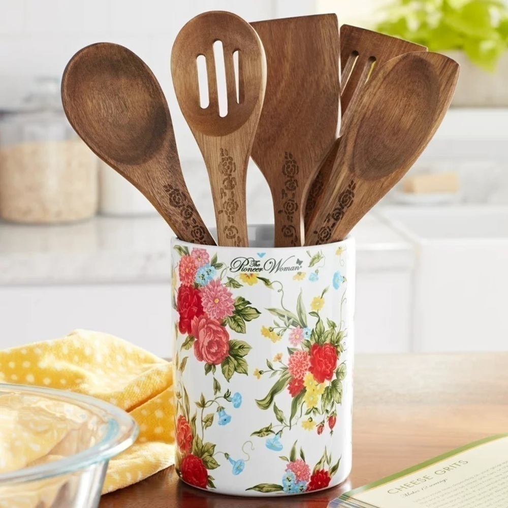 🩷 New Pioneer Woman Sweet Rose Melamine Crock and Wooden Utensils - Picture 8 of 10